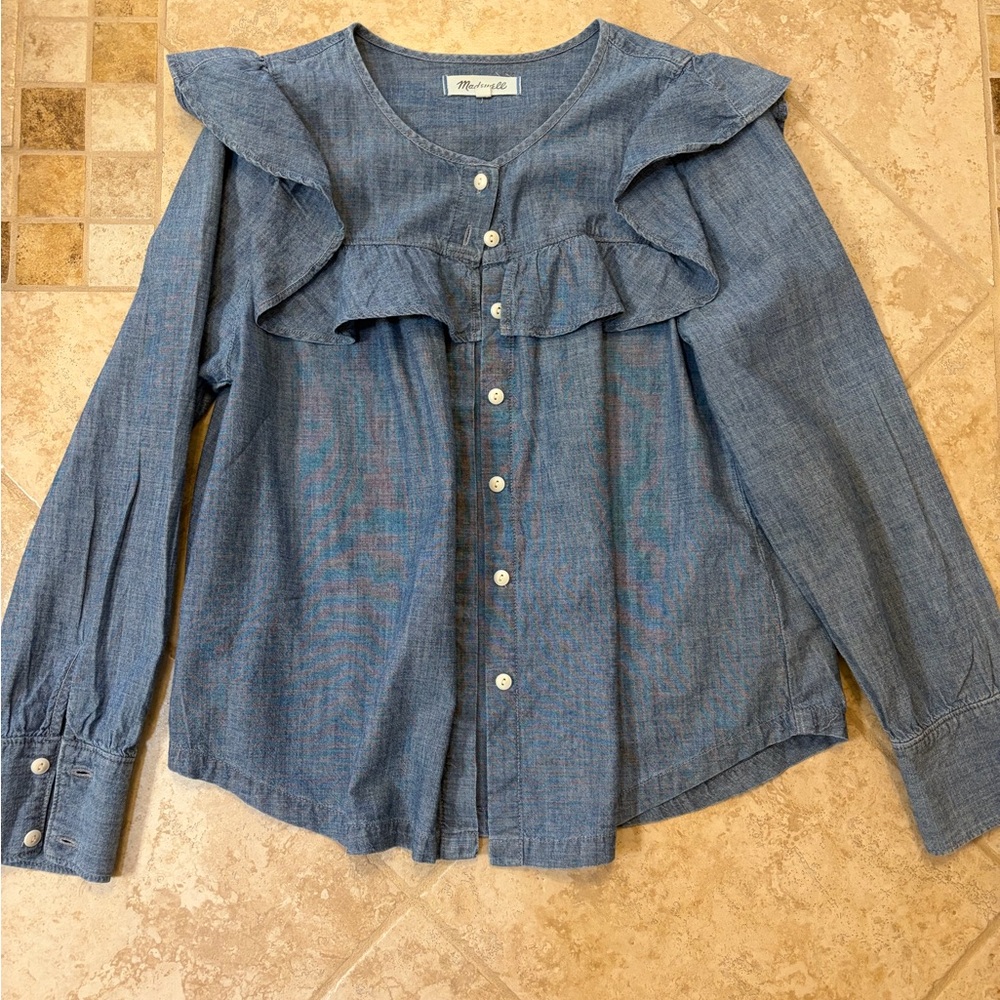 Madewell Blue Ruffle Button-Up Top